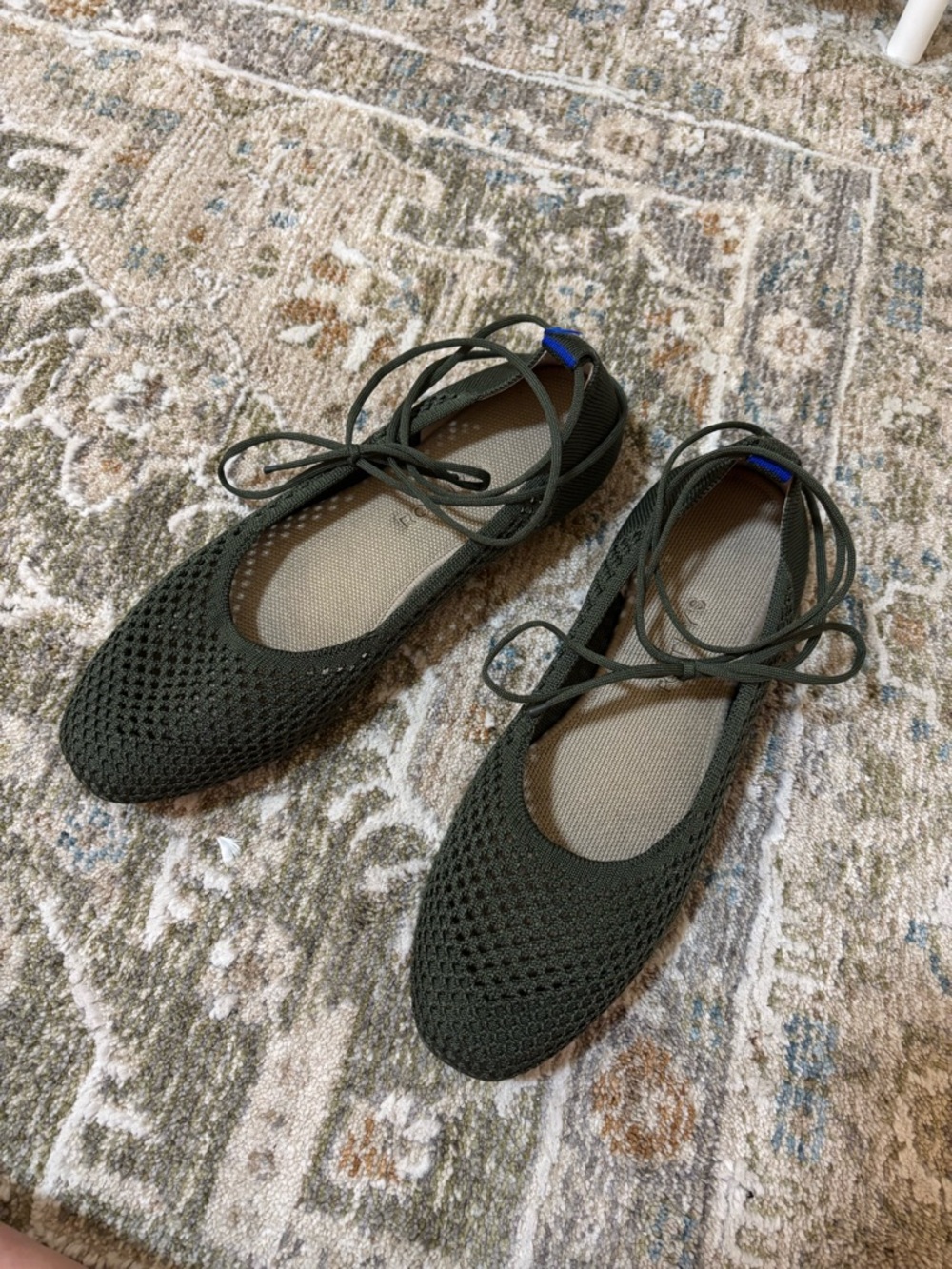 Rothy's Olive Knit Lace-Up Square Ballet Flats with Ankle Ties